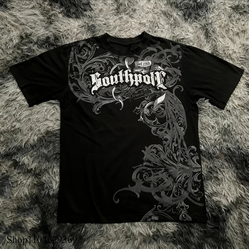 Clássico y2k estilo gótico camiseta impressão oversized t camisa camisas de rua alta gótico em torno do pescoço algodão topos nova camisa das mulheres dos homens