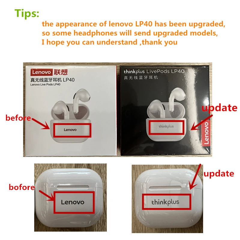 Lenovo-LP40 Auscultadores Sem Fio, TWS Fones De Ouvido Bluetooth, Touch Control, Sport Headset, Fones De Ouvido Estéreo Para Telefone, Android, Original