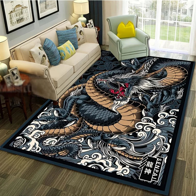 Tapete de Veludo Flanelado com Estampa de Dragão Chinês, Design Mítico, Carpete Decorativo para Sala de Estar e Decoração de Casa