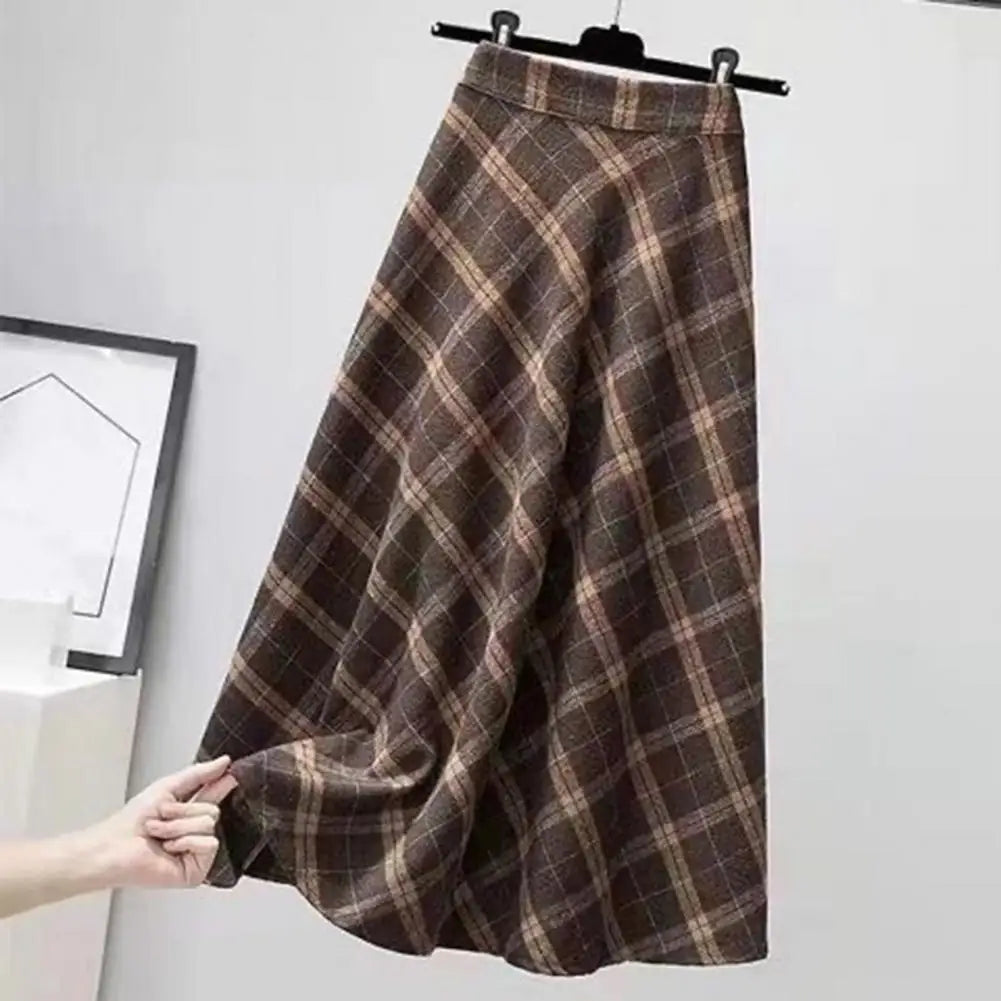 Mulheres midi saia elástica de cintura alta xadrez impressão skater saia a linha bainha grande saia casual coreano grosso deslocamento streetwear