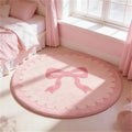 Tapete Redondo com Estampa de Laço Rosa Kawaii, Carpete Macio Antiderrapante, Estilo Coquette, Tapete para Quarto, Decoração Fofa para Quarto Infantil