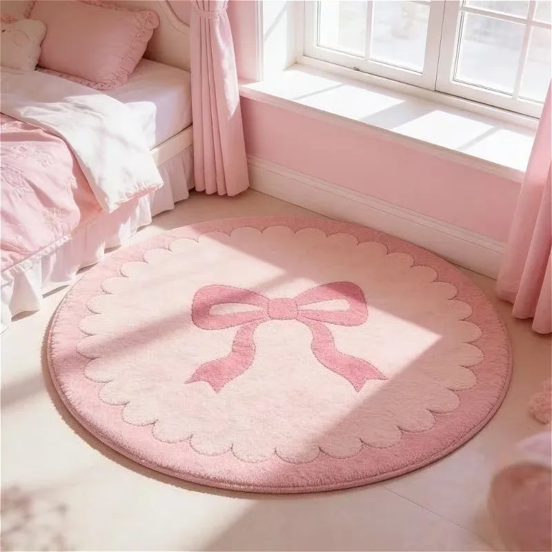 Tapete Redondo com Estampa de Laço Rosa Kawaii, Carpete Macio Antiderrapante, Estilo Coquette, Tapete para Quarto, Decoração Fofa para Quarto Infantil