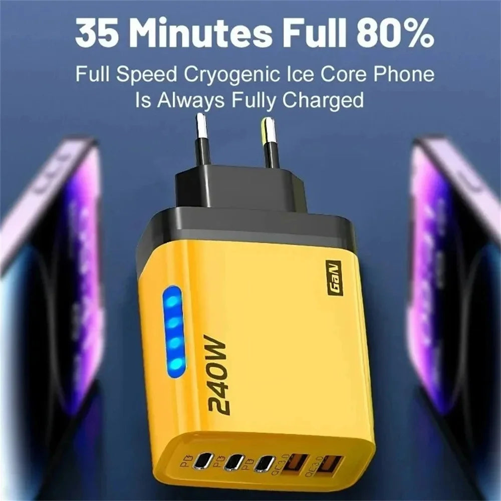 Carregador USB C GaN de 240W 5 em 1 com carregamento rápido para iPhone, Samsung, Xiaomi, Tipo C, adaptador de energia com plugue EU/US para tomada de parede.
