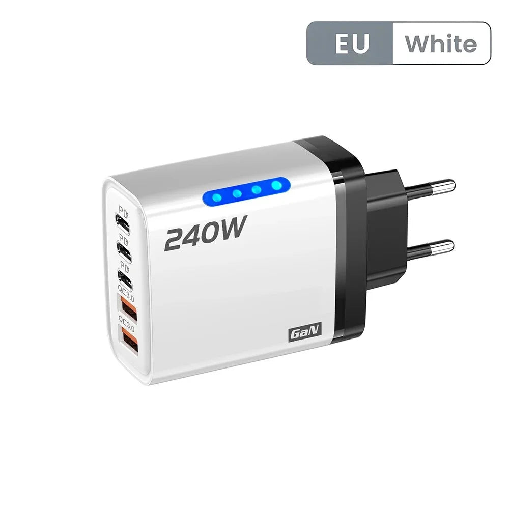 Carregador de Mesa USB C GaN 240W 5 em 1, Adaptador de Carregamento Rápido para Telefone, Cabo Tipo C 10A para iPhone, Samsung, Xiaomi, Carregador com Plugue EU/US/UK