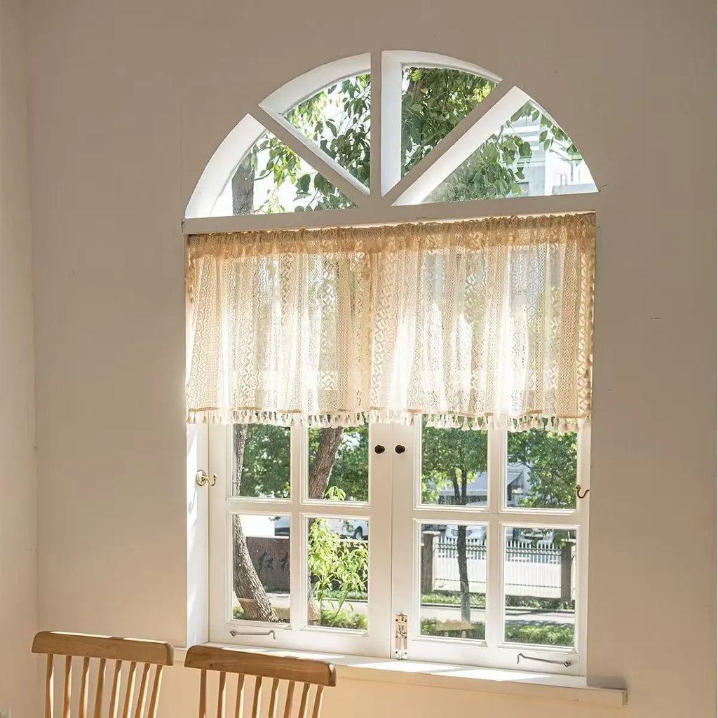 Cortina curta de borla suspensa com padrão circular bege, cortina curta de renda, sala de estar, quarto, cortina de cobertura de armário de cozinha