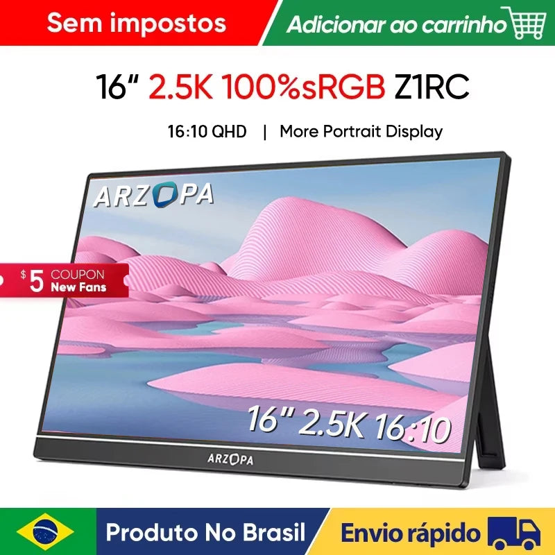 ARZOPA 16 "2.5K QHD Monitor Portátil 16:10 Tela IPS com Tipo-c Mini HDMI Segundo Display para MAC/Laptop/PC/Xbox/PS/Switch, Z1RC