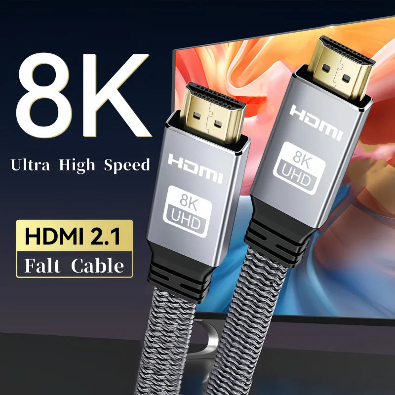 Cabo plano HDMI 8K 48Gbps de alta velocidade 8K60 4K120 144Hz Cabo HDMI 2.1 trançado 3D eARC HDCP 2.2 e 2.3 compatível com Roku TV/PS5