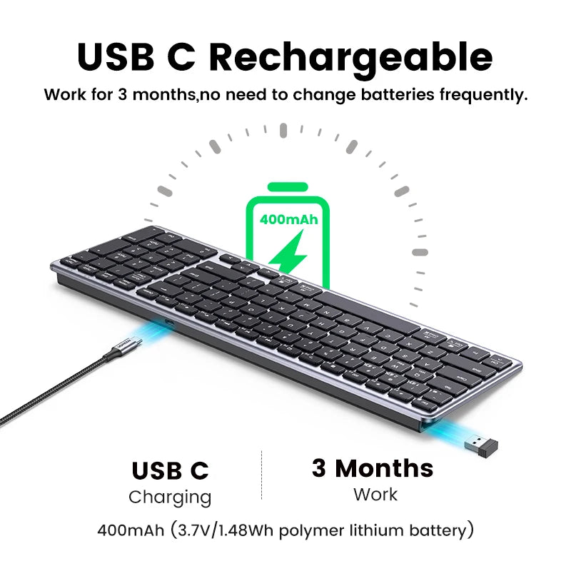 UGREEN-Teclado sem fio Bluetooth 5.0, russo, coreano, EN 99 Teclas para MacBook, iPad, PC, Tablet, USB C, Recarregável, 2.4G