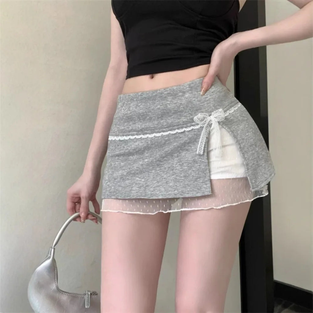 Saia  de Renda Kumikumi com Patchwork, Cintura Alta, Estilo A-Line, Saias de Verão para Mulheres, Com Laço de Borboleta, ...