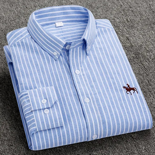 Casual puro algodão oxford camisas masculinas manga longa bordado cavalo design regular ajuste moda botão homem vestido branco camisa
