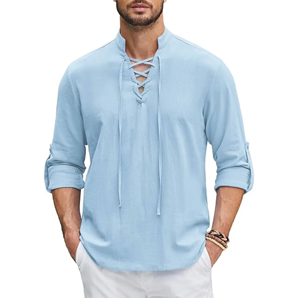 Camisa renascentista masculina pirata medieval viking topo camisas de linho de algodão masculino manga comprida traje de halloween