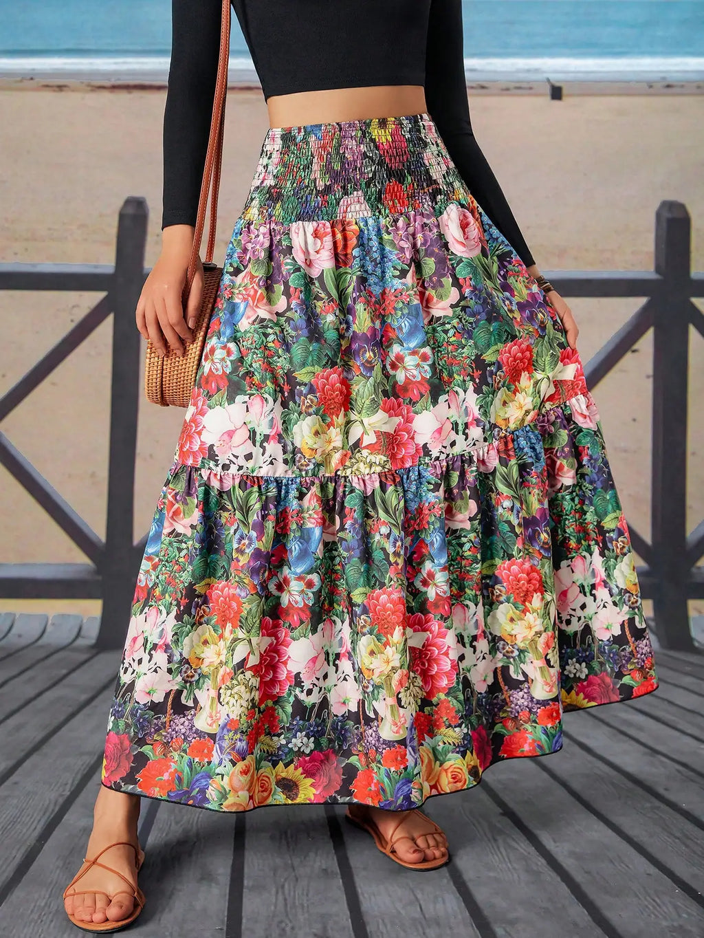 Vestido Maxi Floral com Cintura Plissada para Mulheres, Ideal para Férias e Praia