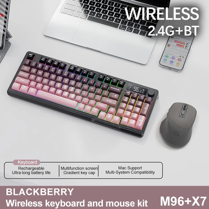 Teclado sem fio FreeWolf M96 com tela, teclado para jogos Bluetooth conexão de modo duplo, ligação multidispositivo, ergonômico