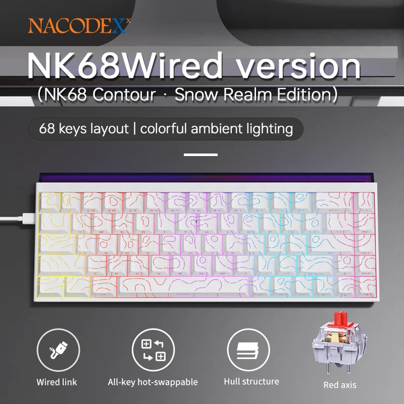 Novo ajazz nacodex nk68 teclado mecânico terreno keycap rgb barra de luz 68 teclas com fio jogos escritório com fio conectar teclado