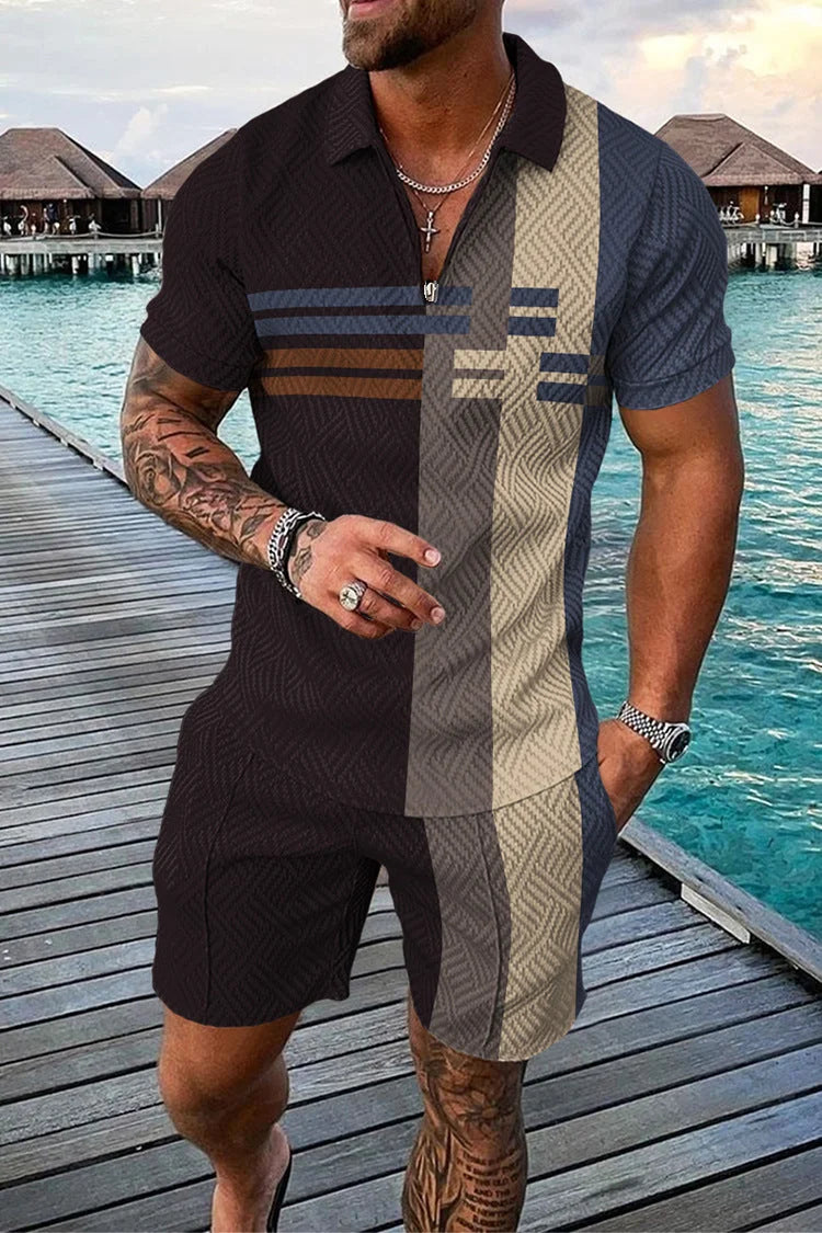 Agasalho de verão masculino terno esportivo conjunto 3d impresso casual manga curta t camisa lapela zip polo roupas masculinas jogging
