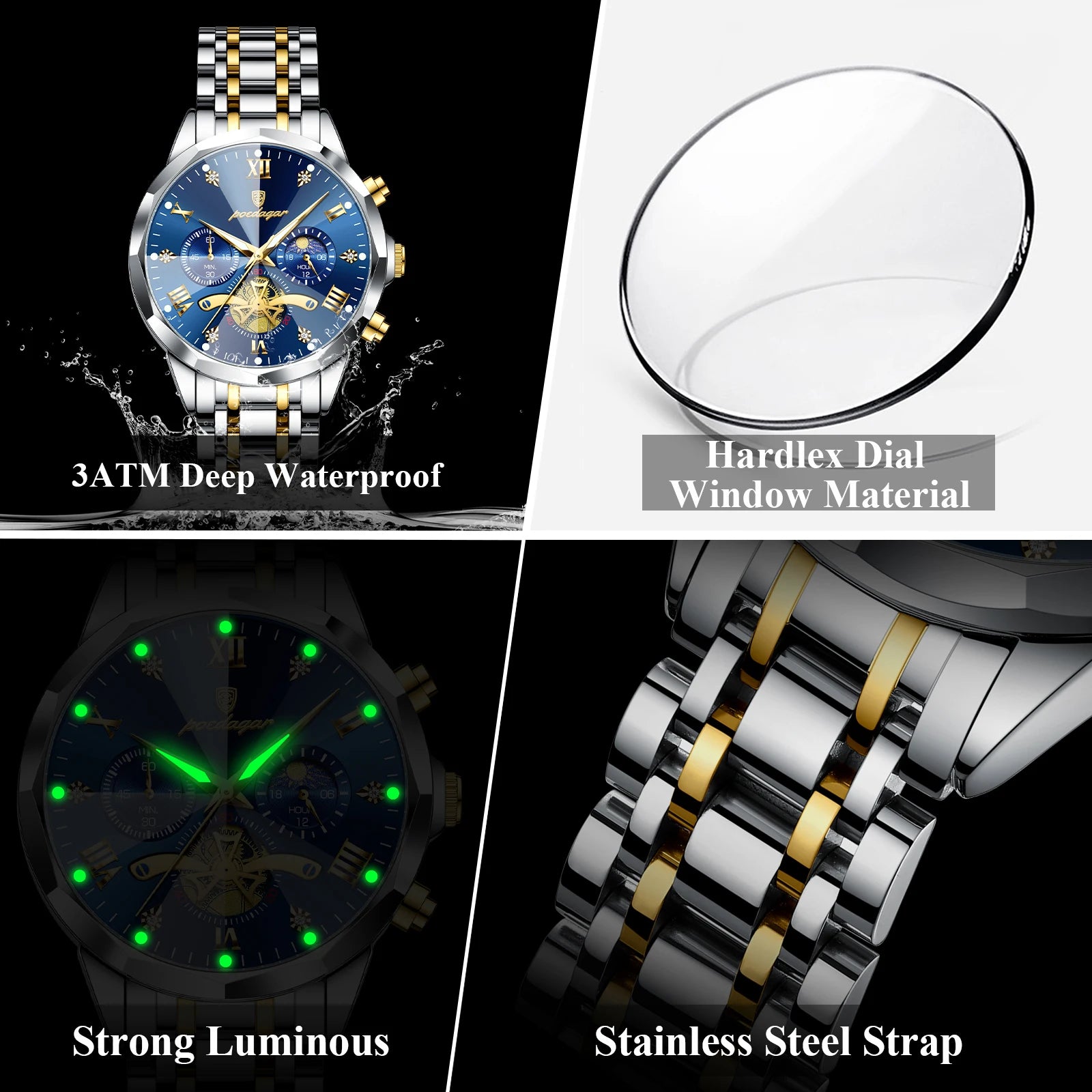 Poedagar luxo relógio masculino topo original à prova dwaterproof água luminosa cronógrafo homem relógio de pulso aço inoxidável quartzo relógios masculinos reloj