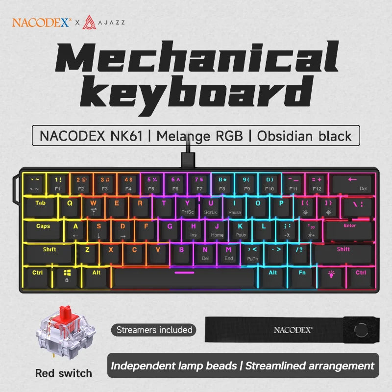 Ajazz nk61 teclado mecânico para jogos com fio 60% rgb hot-swappable 61 teclas interruptor vermelho mini teclado para gamer pc