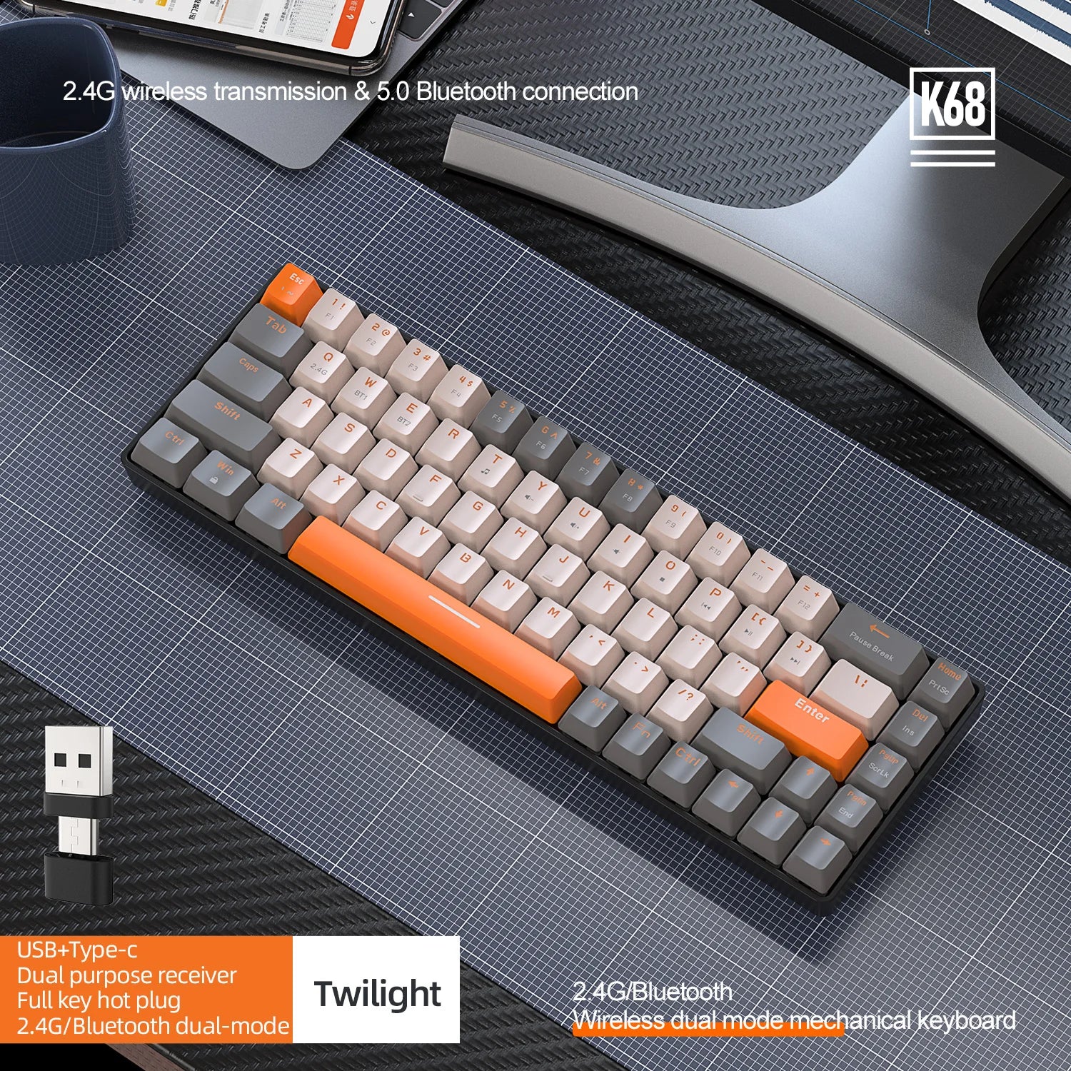60% teclado mecânico sem fio bluetooth modo duplo hot-swap ziyoulang k68 mini teclado 68 teclas interruptor vermelho para pc/iphone ipad