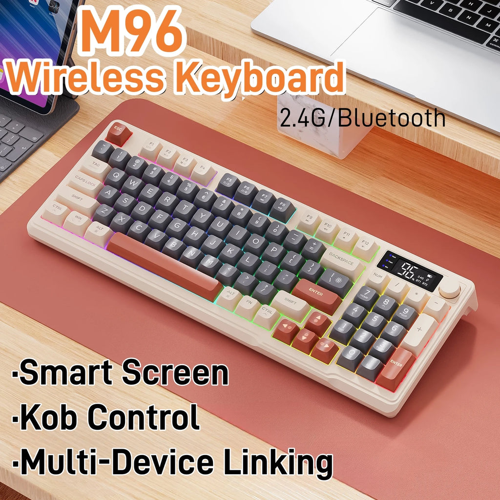 Teclado sem fio FreeWolf M96 com tela, teclado para jogos Bluetooth conexão de modo duplo, ligação multidispositivo, ergonômico
