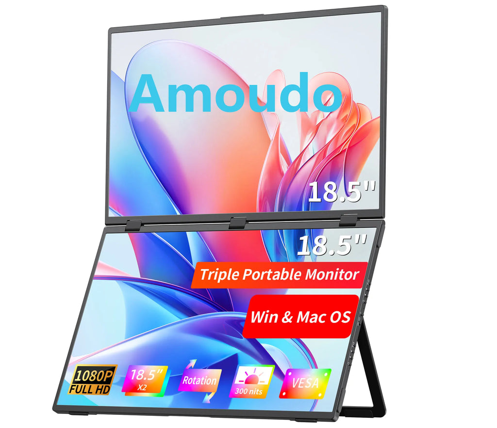 Monitor Portátil Duplo Amoudo de 18,5 polegadas 1080P FHD, Extensor de Tela para Laptop, Monitores Duplos Dobráveis Empilháveis para Laptop, PC, Windows, Mac