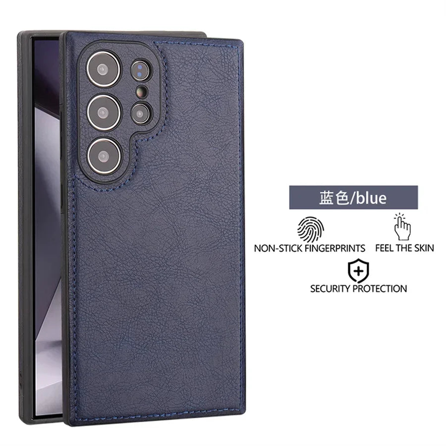 Capa de Couro PU Vintage de Luxo para Samsung S26 Ultra S25 S24 Plus S23 S22 S26Ultra, Capa Traseira Fina e Antichoque com Bumper Macio para Câmera