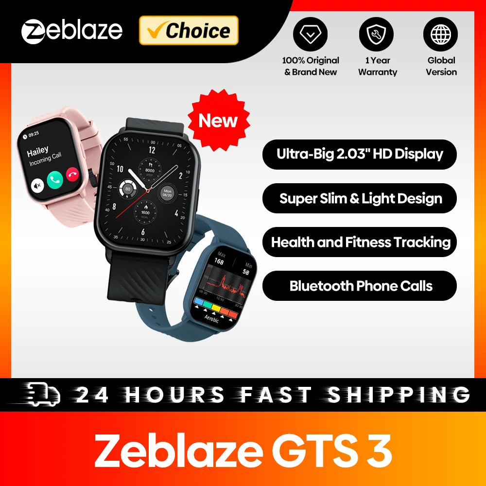 Novo zeblaze gts 3 chamada de voz relógio inteligente ultra-grande 2.03 ''tela hd 24h monitor de saúde 100 + modos esportivos 200 + mostradores de relógio