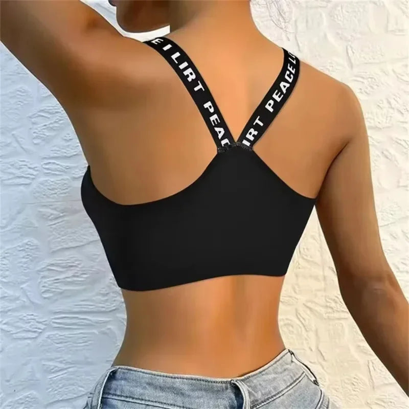 Roupa Íntima Esportiva Feminina, Top Cropped Sem Costura para Yoga e Fitness, Alças Largas com Letras, Confortável para Atividades Físicas, Sem Arame