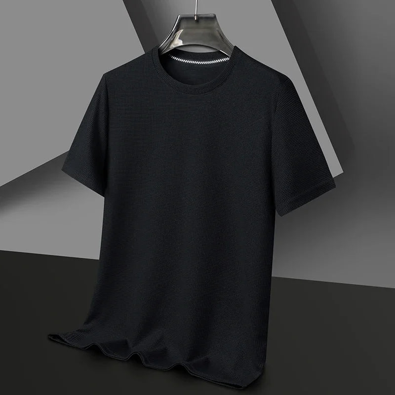 Novo verão waffle em torno do pescoço manga curta camiseta para homem de manga curta topo