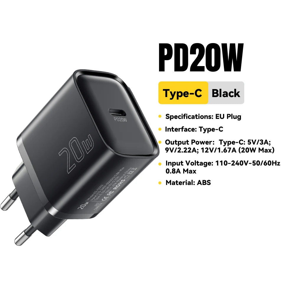 Essager 20W USB Tipo C Carregador PD Carregamento Rápido para iPhone 16 15 14 Pro Carga Rápida 3.0 Carregador de Celular para Samsung