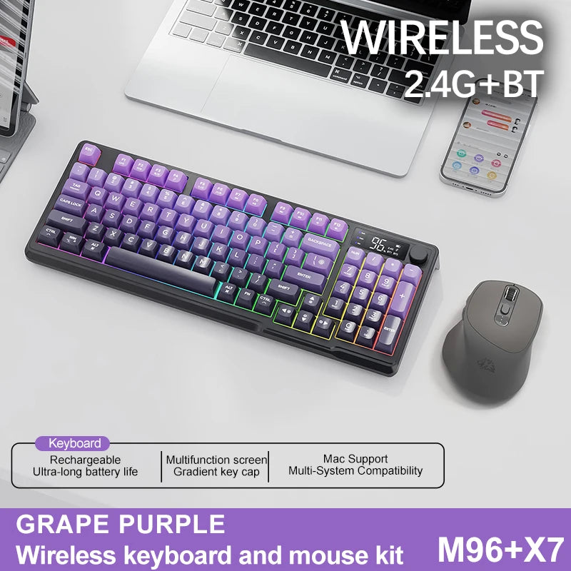 Teclado sem fio FreeWolf M96 com tela, teclado para jogos Bluetooth conexão de modo duplo, ligação multidispositivo, ergonômico