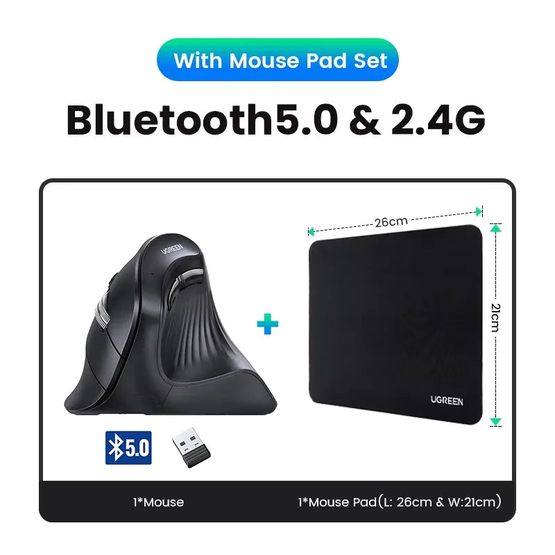Ugreen mouse vertical sem fio bluetooth5.0 2.4g ergonômico 4000dpi 6 botões mudo para macbook tablet laptops computador pc ratos