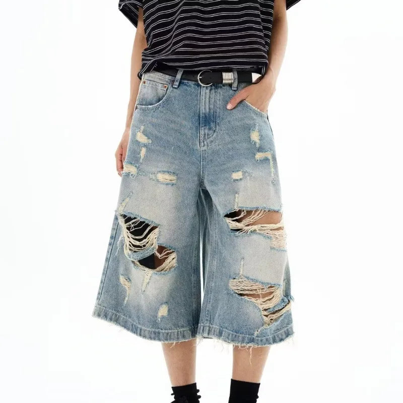 Novos Shorts Jeans Vintage Rasgados para Homens e Mulheres, Estilo Grunge, Oversized, Y2K, Retro Punk, Streetwear, com Pernas Largas