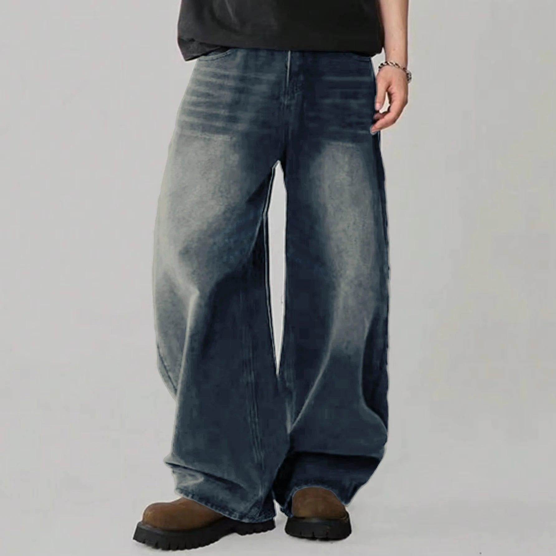 Calça jeans masculina de quatro estações, versão coreana, estudante, casual, alta rua, reta, solta, perna larga, preto, cinza, azul, baggy jean