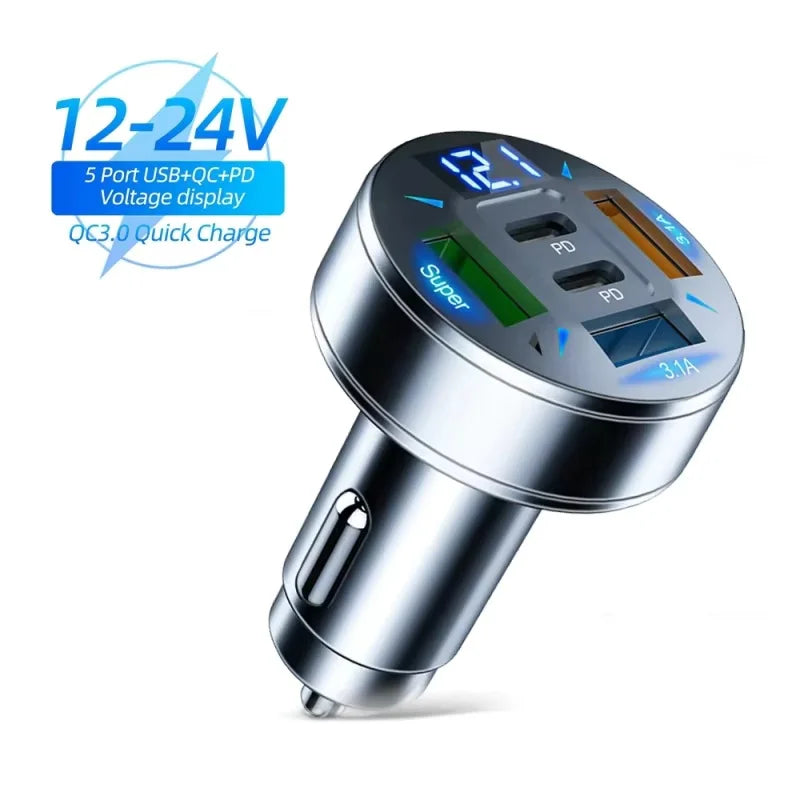 Carregador de Carro 250W com 5 Portas, Carregamento Rápido PD QC3.0, Adaptador USB C para Celular com Medidor de Voltagem para iPhone, Samsung, Huawei, Xiaomi