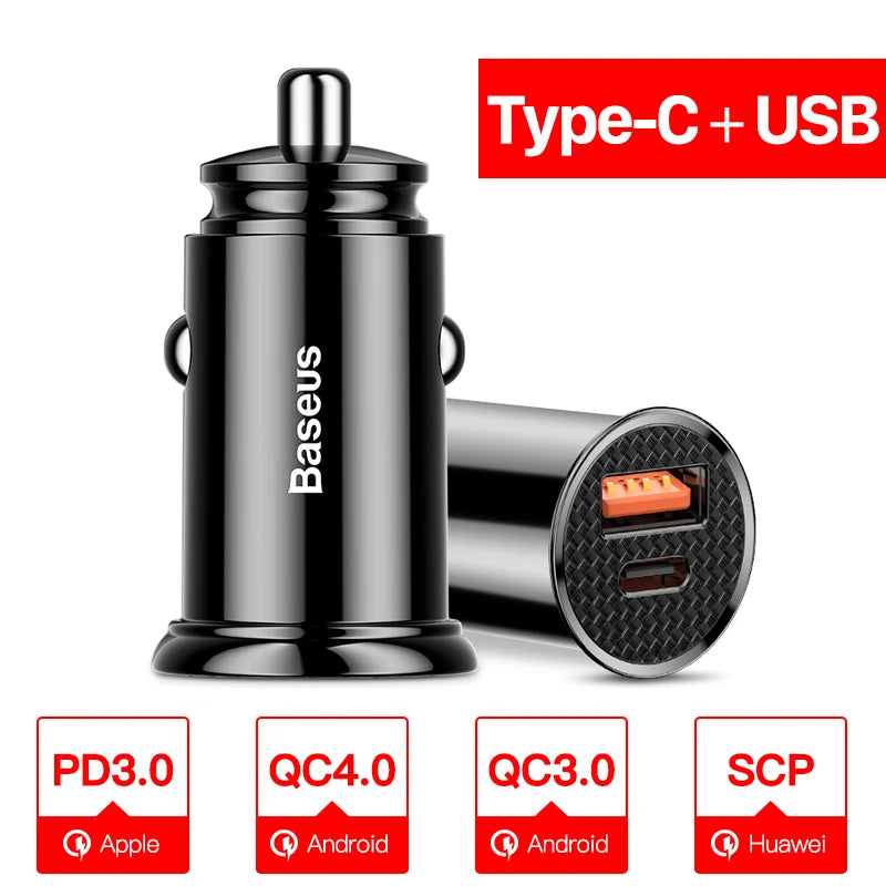 Baseus carregador de carro usb carga rápida 4.0 qc4.0 qc3.0 pps scp 5a pd tipo c 30w carregador usb de carro rápido para iphone xiaomi telefone móvel