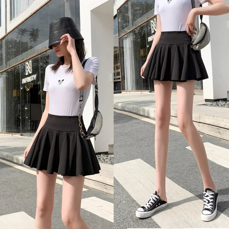 Mini-saia plissada feminina, armário japonês de cintura alta, saia skatista dançante à prova de mau funcionamento, estilo coreano