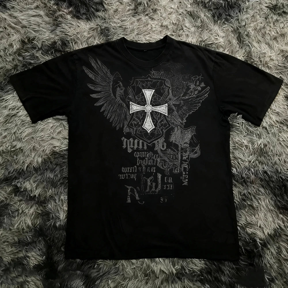 Clássico y2k estilo gótico camiseta impressão oversized t camisa camisas de rua alta gótico em torno do pescoço algodão topos nova camisa das mulheres dos homens