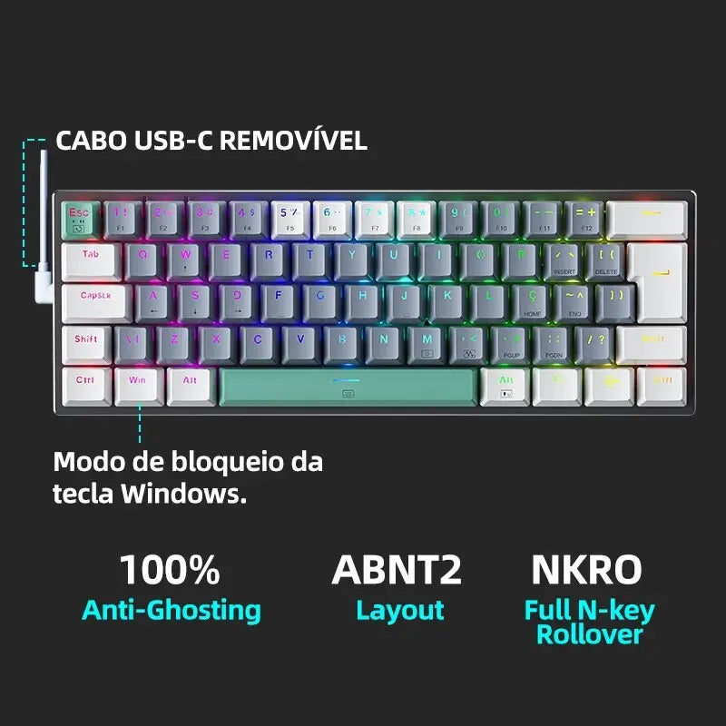 Machenike K500-B61 Mini Teclado Mecânico 60% ABNT2 Layout RGB Backlight Hot-swappable NKRO Wired Gaming Teclado Para PC Gamer