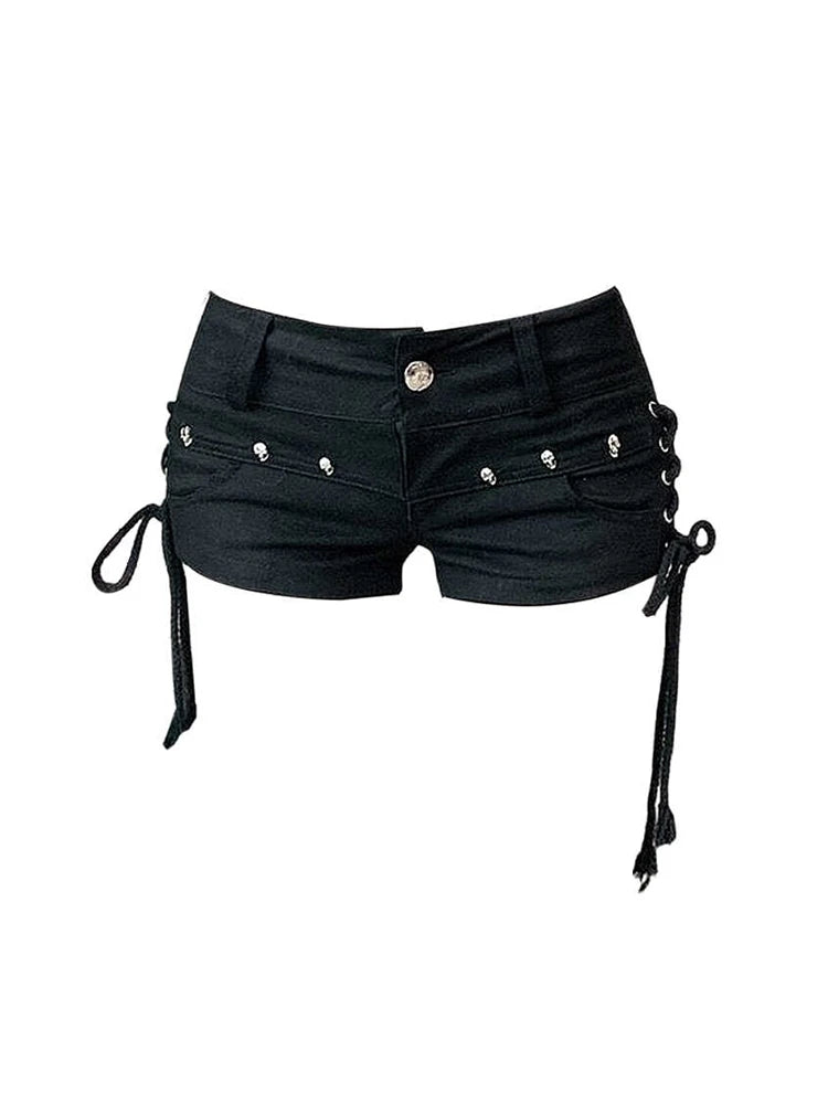 Shorts jeans góticos pretos femininos, calça jeans de cintura baixa coreana, estética vintage, roupas de verão