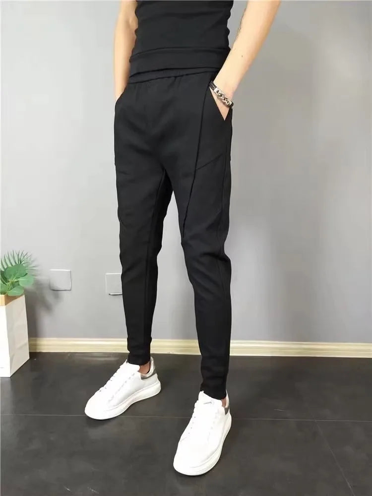 Calças Casuais Masculinas Primavera Outono Novo Estilo Patchwork Listras Verticais Cintura Elástica Folgadas com Barra Ajustá...