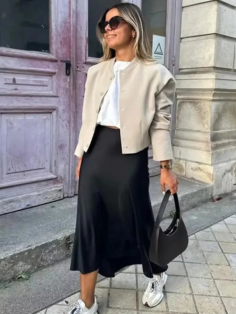 Willshela 2024 saia de cetim preto mulher cintura alta elegante saias longas para as mulheres moda verão midi saia escritório saias femininas