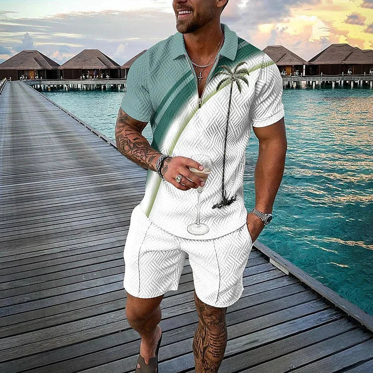 Agasalho de verão masculino terno esportivo conjunto 3d impresso casual manga curta t camisa lapela zip polo roupas masculinas jogging