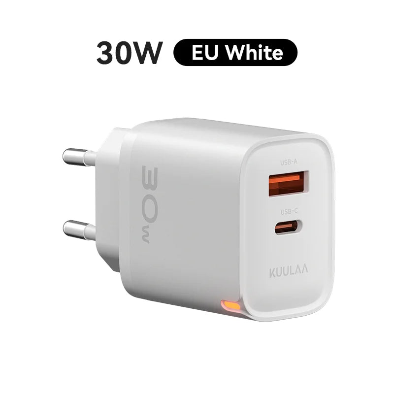 KUULAA 30W GaN Carregador PD 3.0 QC4.0 USB C Carregador Para iPhone 17 16 15 Pro Samsung S25 Xiaomi Tablet iPad Air Pro Carregador de telefone