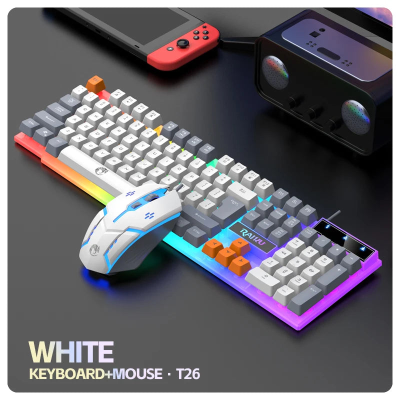 Teclado único e teclado mouse RAIKU T26 Teclado luminoso de três tons Mouse com fio Mecânico Touch Gaming Mouse Conjunto de teclado
