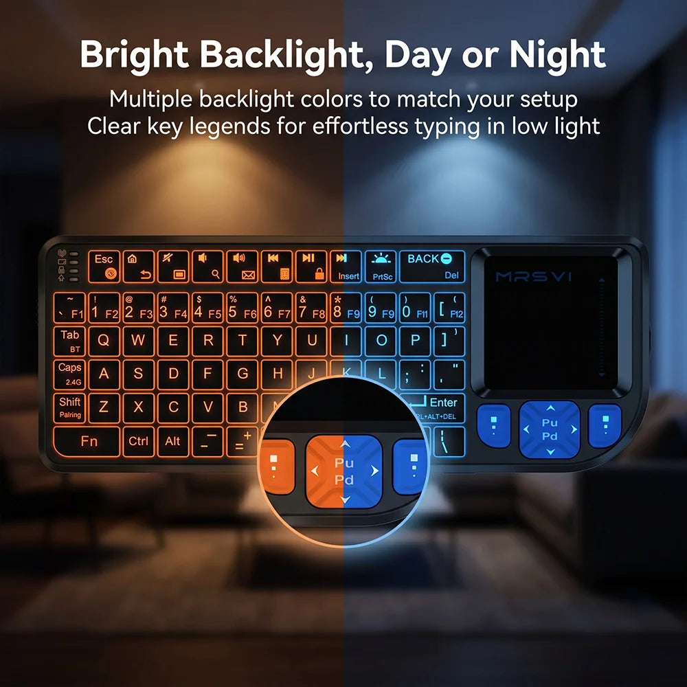 Teclado Mini MRSVI A8 PLUS, Teclado Sem Fio Retroiluminado 2.4GHz&Bluetooth5.0 com Touchpad para Android TV Box, Mac, Laptop, Windows