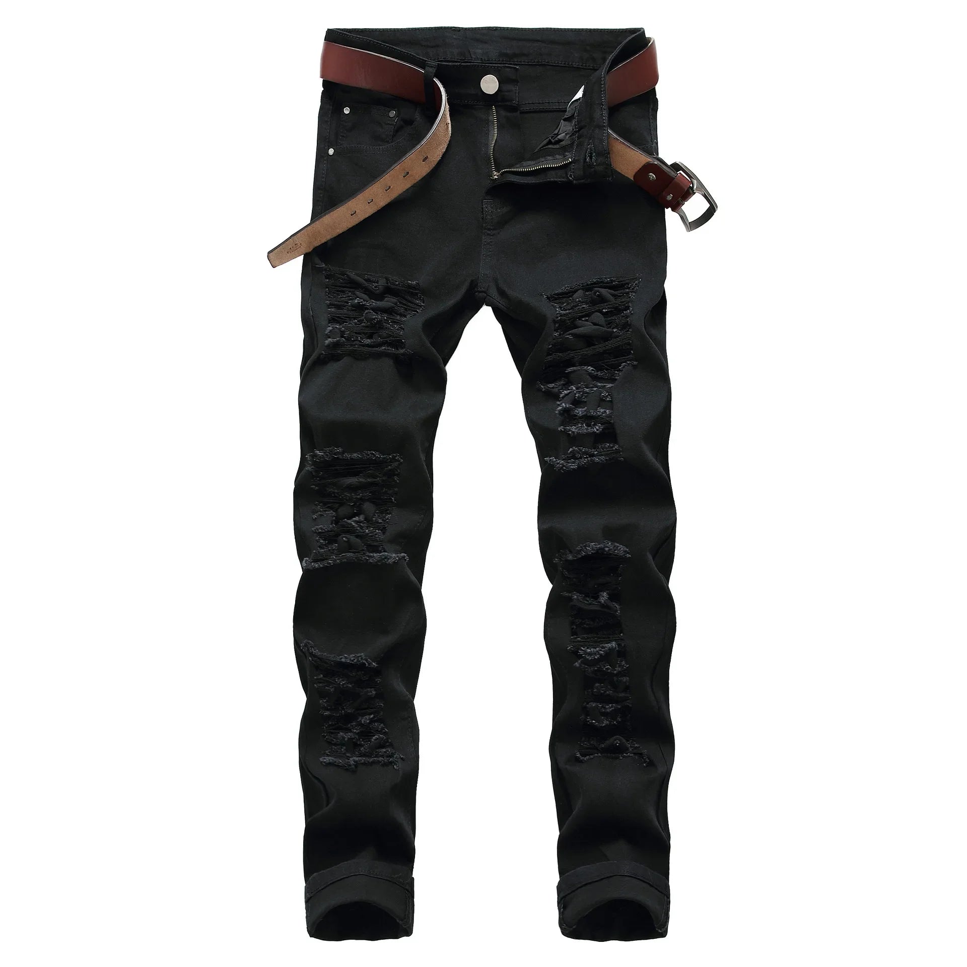 2025 Buraco Denim Calças Maré Marca dos homens Ruined Hole Jeans Sólido Slim All-match High Street Hip Hop Calças Vermelho Branco Tamanho Grande