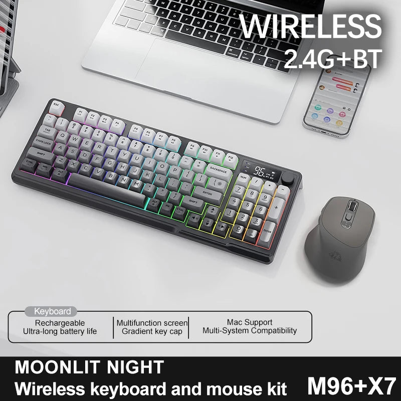 Teclado sem fio FreeWolf M96 com tela, teclado para jogos Bluetooth conexão de modo duplo, ligação multidispositivo, ergonômico