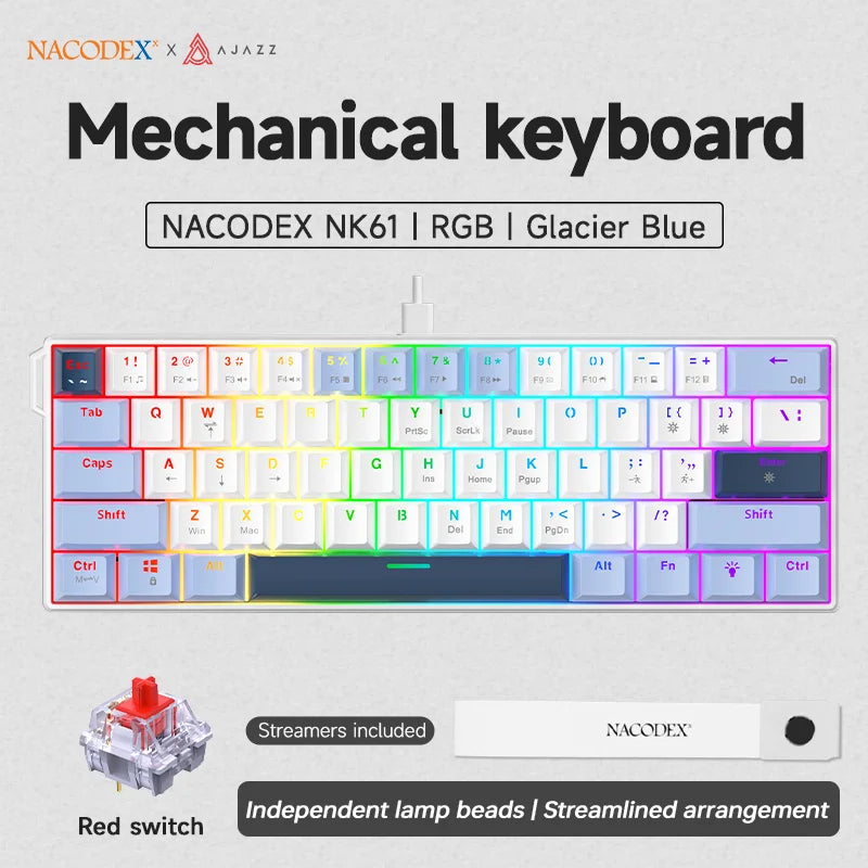 Ajazz nk61 teclado mecânico para jogos com fio 60% rgb hot-swappable 61 teclas interruptor vermelho mini teclado para gamer pc