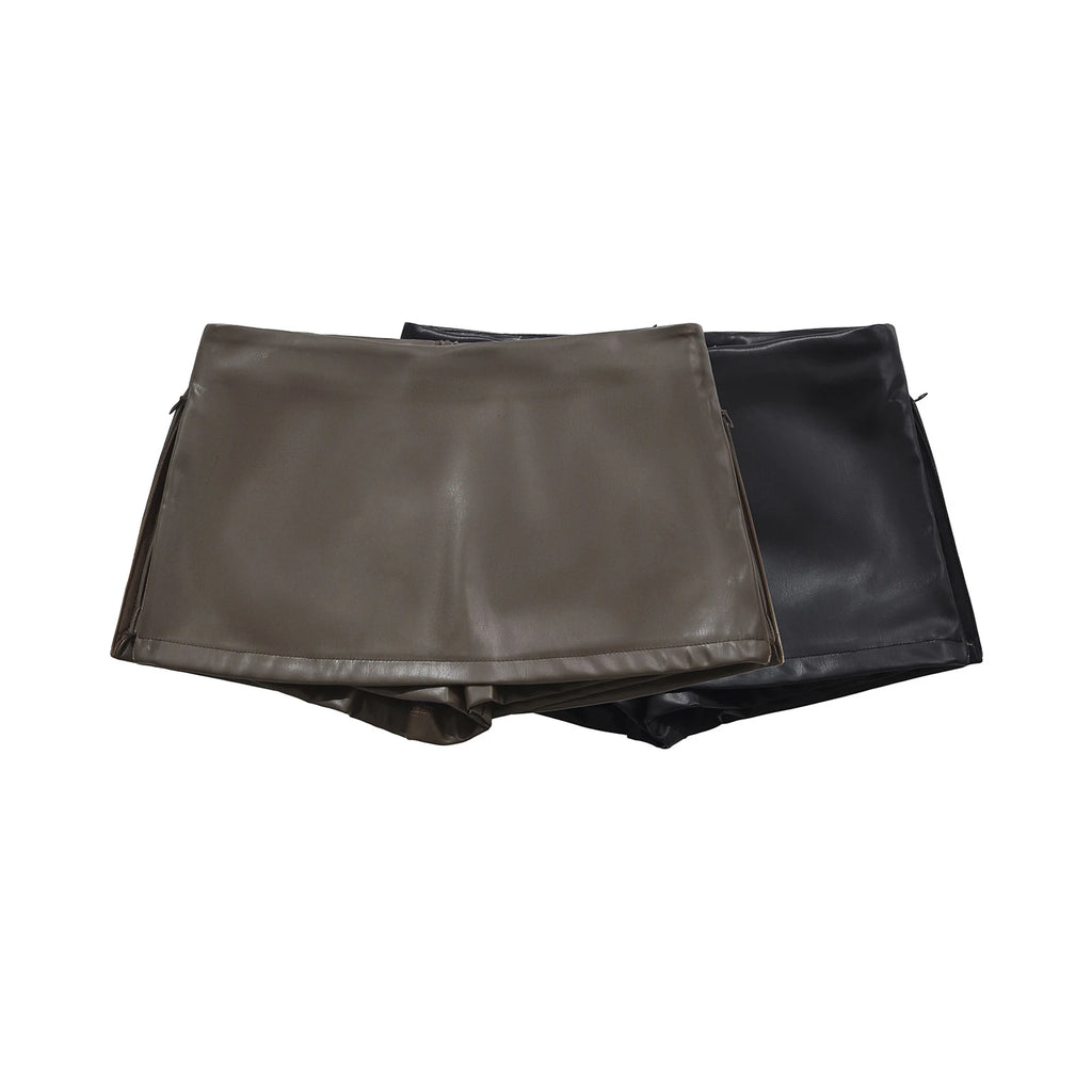 Mini saias de couro falso elegante moda coreana preto saias do plutônio para mulher saia de cintura baixa zip up saia dividida com shorts marrom