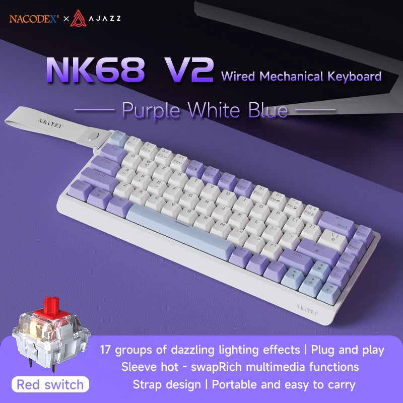 Teclado Mecânico AJAZZ NK68V2 com Fio, Modo Único, Portátil para Jogos, RGB, Hot-Swappable, Leve para PC
